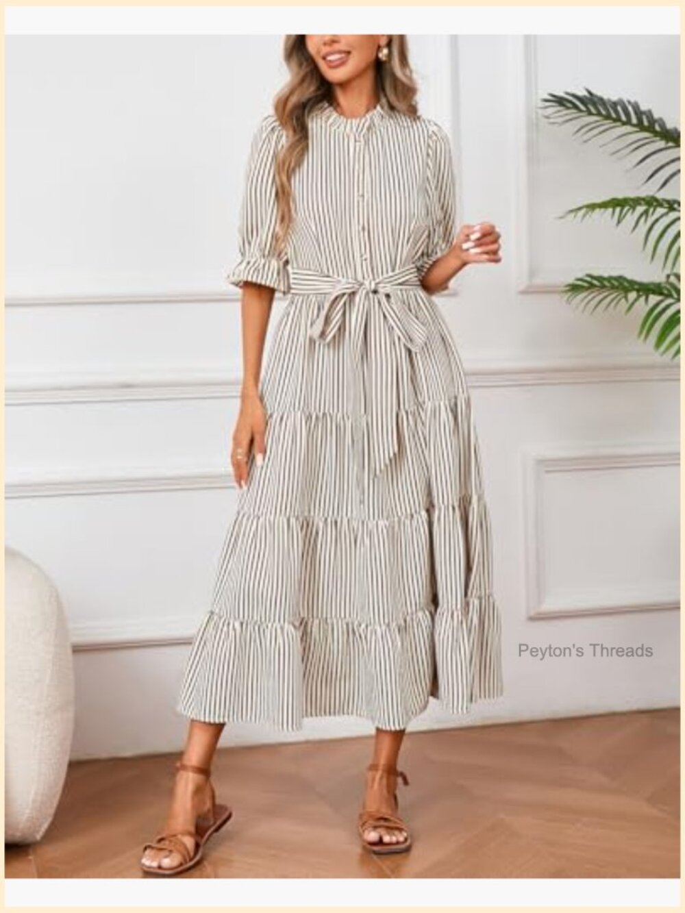 Striped Ruffle Collar Maxi Dress Half Sleeve Button Down Flowy Beach Vacation - Picture 6 of 7